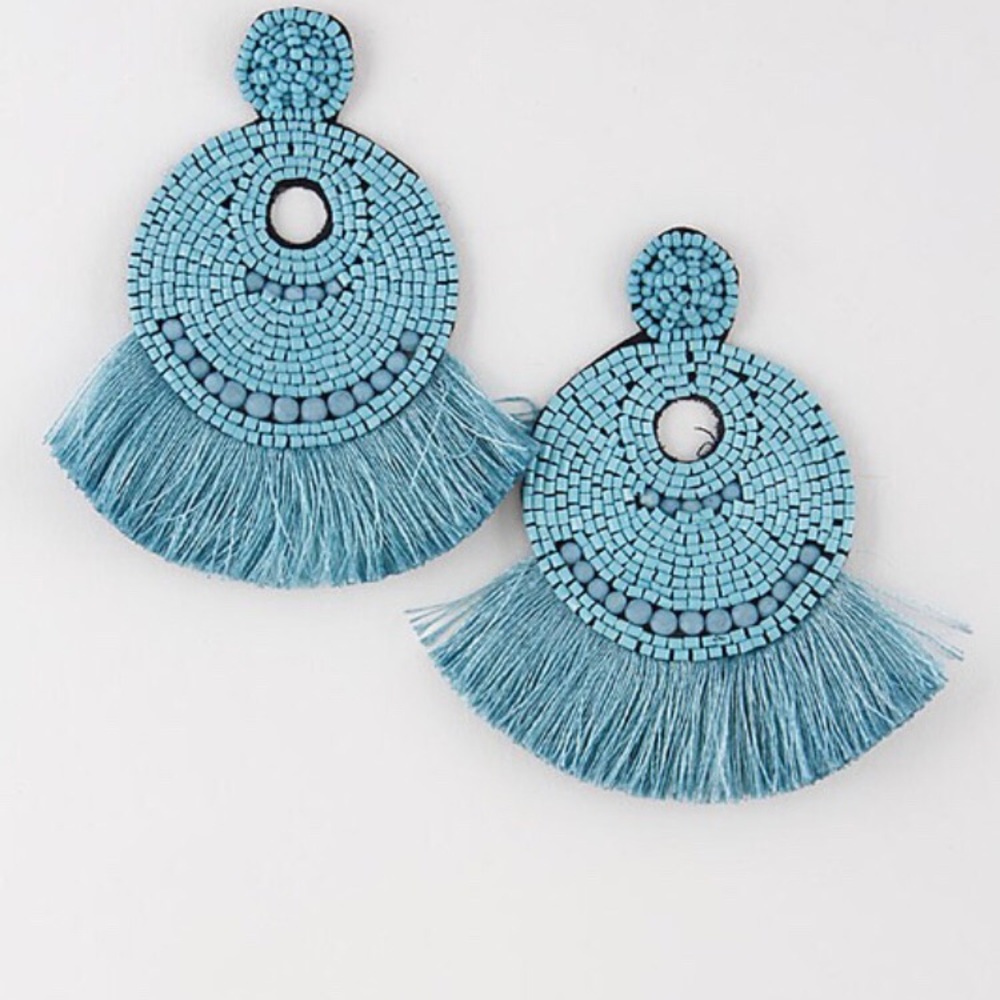 NWT Turquoise Beaded Fringe Tassel Earrings